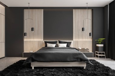 Beyaz ahşap panelli gri yatak odası, yaratıcı kolye ışıkları, iki komodin, beton zeminde yatak ve halı. Modern ev tasarımı kavramı. 3d oluşturma