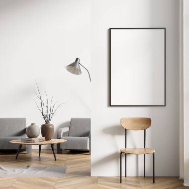 Parlak oturma odası içi boş beyaz poster, iki rahat gri koltuk, sandalye, içinde kitap, halı, parke zemin olan kahve masası. Buluşup beklemek için mükemmel bir yer. Model yap. 3d oluşturma