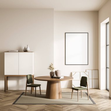 Parlak oturma odası içi boş beyaz poster, panoramik pencere, iki yeşil sandalye, kitaplar, halı, dolap, parke zemin. Buluşup beklemek için mükemmel bir yer. Model yap. 3d oluşturma