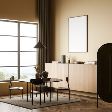 Sarı oturma odasının iç tarafındaki duvarda boş çerçeveli maket. Yuvarlak yemek masası, büfe, panorama manzarası, parke döşemesi ve kolye lambası var. Modern tasarım kavramı. Köşe manzarası. 3d oluşturma