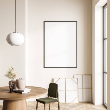 Parlak oturma odası içi boş beyaz poster, panoramik pencere, yeşil sandalye, kitaplarla dolu masa, ekose ve meşe ağacından parke zemin. Buluşup beklemek için mükemmel bir yer. Model yap. 3d oluşturma