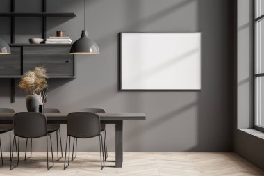 İçi boş beyaz afiş, altı sandalye, masa, lamba, raflar, büfe, halı ve meşe parke zemin. Yemek için minimalist tasarım kavramı. Model yap. 3d oluşturma