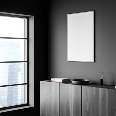 Gri oturma odasındaki tuvaller, pencerenin yanındaki tuvalin üzerinde modern tasarım konseptiyle oturma odasının iç kısmı. Modelleme. Köşe manzarası. 3d oluşturma