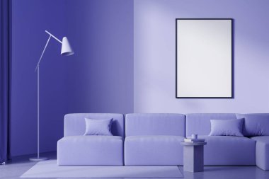 Mor misafir odasının içinde kanepe ve yastıklar, ön manzara, beton zemin. Mobilya ve lambalı sergi odası. Boş tuval çerçeve, 3B görüntüleme