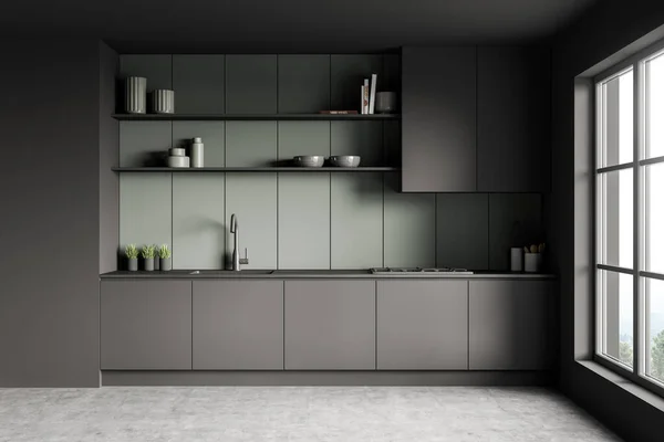 Minimalist Kitchen Interior Grey Green Interior Design Concrete Floor Two — Zdjęcie stockowe