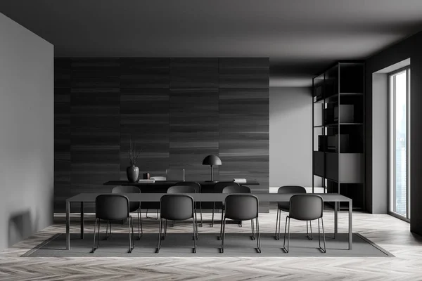 Dark Grey Discussion Room Table Chairs Shelving Parquet Floor Manager — 图库照片