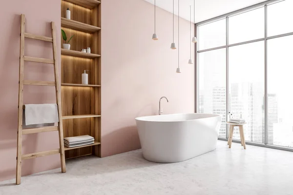 Pink Bathing Room Interior Tub Table Towel Rail Ladder Rack — ストック写真
