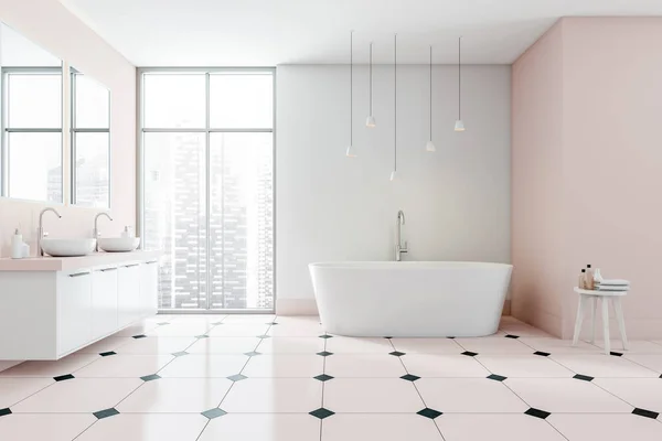 White Pink Bathroom Interior Tub Table Accessories Two Sinks Mirror — 스톡 사진