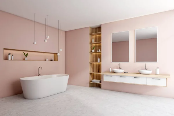 Rosafarbener Badezimmerinnenraum Mit Zwei Waschbecken Und Getrennten Spiegeln Regal Der — Stockfoto