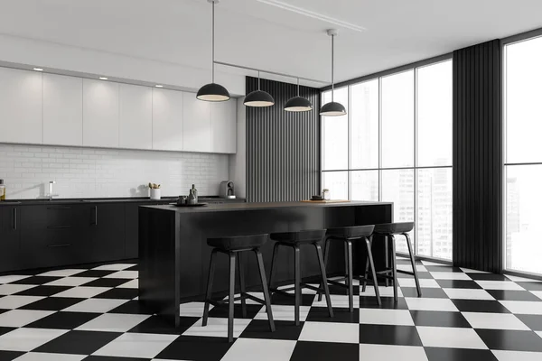 Corner View Industrial White Black Kitchen Interior Breakfast Bar Table — Stockfoto