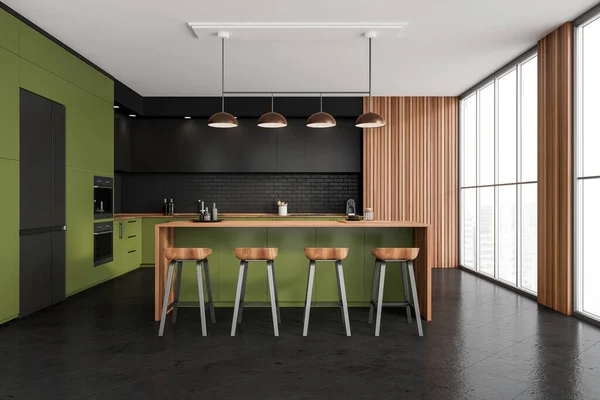 Modern Industrial Kitchen Interior Black Green Design Breakfast Bar Wood — стоковое фото