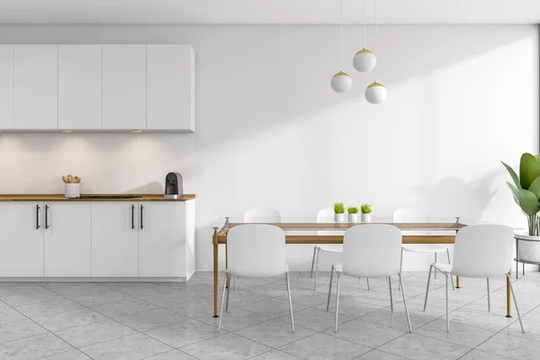 空の白い壁と明るいキッチンルームのインテリア 6つの椅子 食器棚 コーヒーマシンとコンクリートタイルの床とダイニングテーブル ミニマルデザインのコンセプト モックアップ 3Dレンダリング — ストック写真