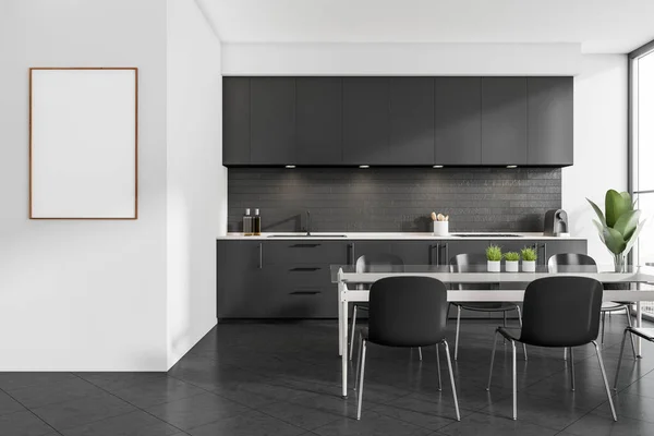 Interior Habitación Cocina Oscura Con Cartel Blanco Vacío Ventana Panorámica — Foto de Stock