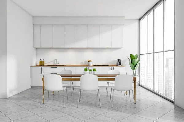 Bright Kitchen Room Interior Empty White Wall Panoramic Window Dining — ストック写真