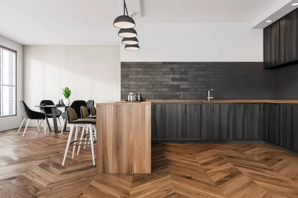 Modern Cooking Interior Sink Deck Dishes Black Chairs Table Parquet — Fotografia de Stock