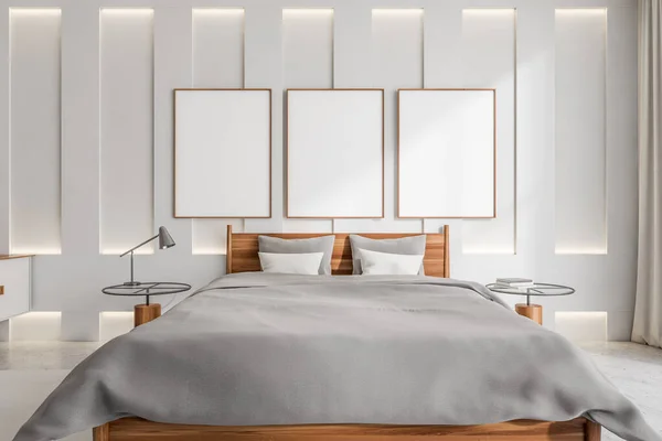 Light Bedroom Interior Wooden Bed Grey Linens Front View Nightstand — Foto de Stock