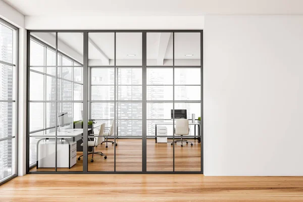 White Wooden Business Room Interior Armchairs Table Glass Doors Minimalist — Stockfoto