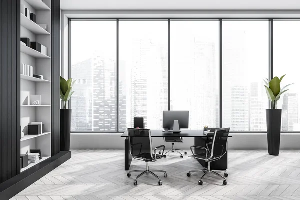 Wooden Consulting Room Interior Black Seats Computer Table White Parquet — Stock Photo, Image