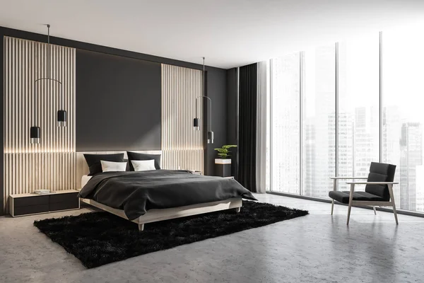 パノラマ都市の景色を望むグレーの寝室のインテリア 壁の裏地 アームチェア 創造的なペンダントライト グレーのカーペット コンクリートの床とベッド コーナービュー 現代的なデザインの概念 3Dレンダリング — ストック写真
