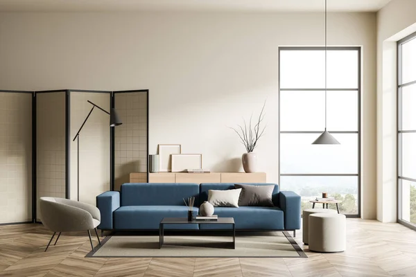 Beige Wohnzimmereinrichtung Mit Blick Auf Die Landschaft Parkettboden Blaues Sofa — Stockfoto