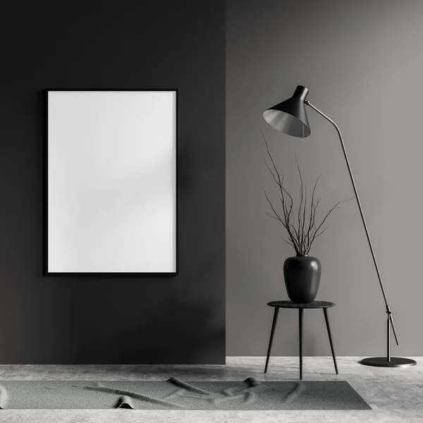 Σκούρο Σαλόνι Εσωτερικό Άδειο Λευκό Αφίσα Λάμπα Τραπεζάκι Σαλονιού Houseplant — Φωτογραφία Αρχείου