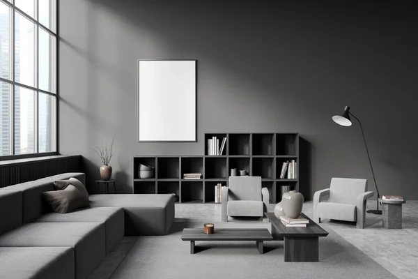Lounge Room Interior Couch Two Armchairs Grey Concrete Floor Carpet — Fotografia de Stock