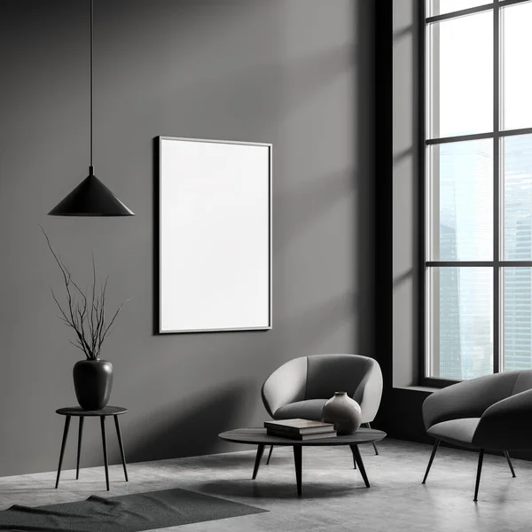Dark Living Room Interior Empty White Poster Panoramic Window Grey — ストック写真