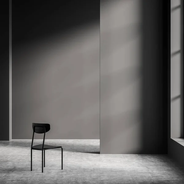 空の灰色の壁 快適な椅子 太陽光とコンクリートの床と暗いリビングルームのインテリア 創造的なアイデアのための空のスペース モックアップ 3Dレンダリング — ストック写真