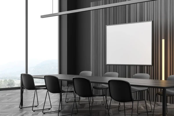 Horizontal white board, table with eight chairs, panoramic view, linear light and concrete floor. Corner view of dark grey meeting room. Concept of modern interior design. Mock up. 3d rendering