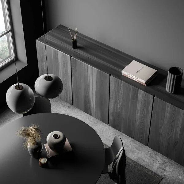 Dark Grey Living Room Dining Table Concrete Floorand Sideboard Concept — Zdjęcie stockowe