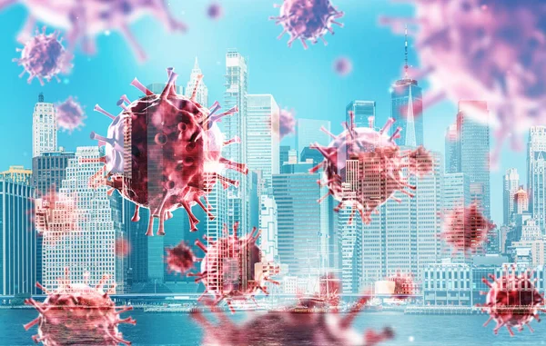 Omicron Ologramma Galleggiante Virus New York City Con Grattacieli Edifici — Foto Stock