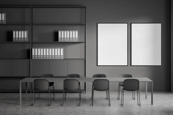 Dark Office Room Interior Two Empty White Posters Shelves Folders — Stockfoto