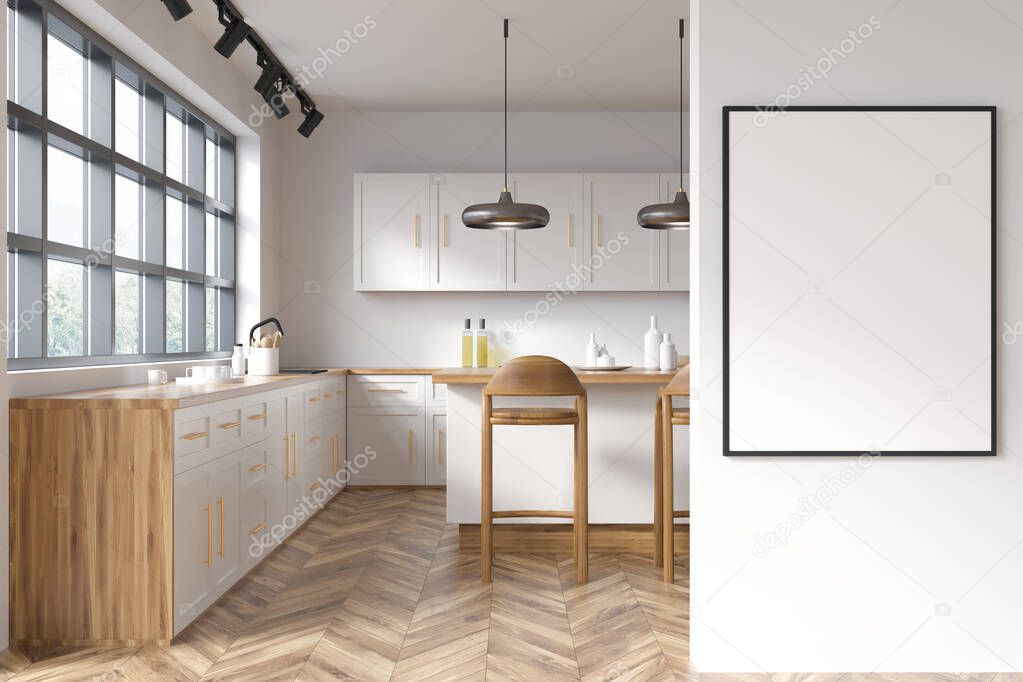 Empty canvas on white wall and blue kitchen corner interior with window over sink and breakfast bar on background. Parquet flooring. Concept of modern design. Mockup. 3d rendering