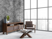 Dark living room interior with panoramic window, comfortable brown armchair, coffee table with books, houseplant, sideboard, candles and concrete floor. Perfect place for meeting. 3d rendering