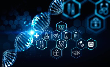 DNA, şırınga, hap, maske, bavul ve hastane ikonlarıyla dijital arayüz. Tıp sektöründe iş kavramı