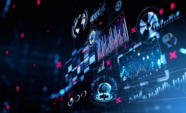 Borsa değişiklikleri, rakamlarla ve şamdanlarla dolu iş merkezleri. Dünya hologramı, hatları, dünya çapında ağı ve bağlantıları var. Küresel finans kavramı