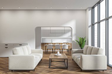 Parlak oturma odası ve mutfak içinde iki kanepe, kemer, yemek masası, panoramik pencere, büfe, beyaz duvarlar ve ahşap parke zemin. Çağdaş daire tasarımı kavramı. 3d oluşturma