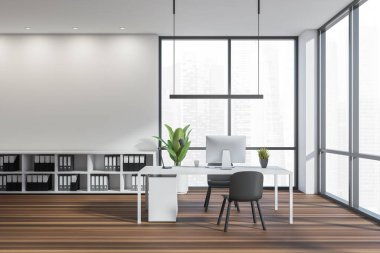 Ofis içi boş beyaz duvar, klasörlü alçak raflar, doğrusal ışık, masa ve parke tarzı zemin. Modern tasarım kavramı. 3d oluşturma