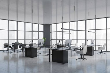 Singapur şehir manzaralı panoramik pencereli, parlak ofis odası manzaralı, koltuklar, masaüstü, dizüstü bilgisayar ve beton döşemeli. Çalışma için uygun bir yer. 3d oluşturma