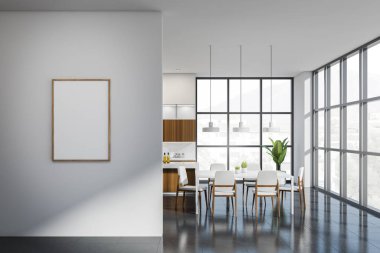 Minimalist yemek odası iç kısmı beyaz koltuklu, masa ve mutfağın dekorasyonu koyu fayanslı, panoramik penceresi kırsal. Beyaz duvardaki maket çerçeve, 3B görüntüleme
