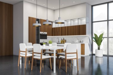 Koyu fayanslı, yan manzaralı, kırsal pencereli, koltukları ve masası olan modern yemek odaları. Ahşap mutfak seti ve minimalist mobilyalar. 3B görüntüleme