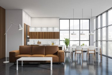 İçinde sandalyeler, kahverengi kanepe, lamba ve koyu fayanslı kahve masası var. Minimalist tasarımlı mutfak seti, kırsal alanlı panoramik pencere. 3B görüntüleme