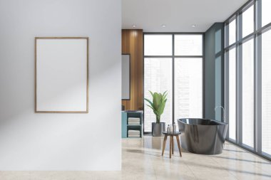 Banyo içi siyah küvetli ve rafı havlularla kaplı, masası jel şişeli ve panoramik pencereli şehir manzaralı. Beyaz duvarda bej döşeme ve maket çerçeve, 3D görüntüleme