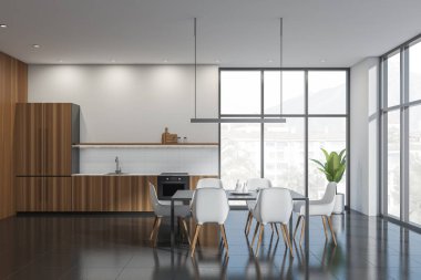 Koyu fayanslarla döşenmiş koltukları ve masası olan modern yemek odaları, kırsal alanlı panoramik pencereler. Ahşap mutfak seti ve minimalist mobilyalar. 3B görüntüleme