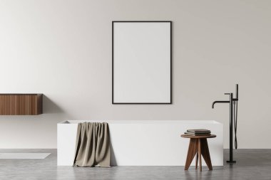 Parlak banyo içi boş beyaz poster, küvet, havluları ve beton zemini olan tabure. Hijyenik ve spa prosedürleri kavramı. Model yap. 3d oluşturma