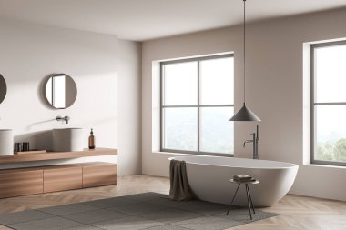 Işıl ışıl banyo manzarası, iki yuvarlak ayna, kırsal manzaralı pencere, lavabo, küvet, beyaz duvarlar ve ahşap parke zemin. Hijyenik ve spa prosedürleri kavramı. 3d oluşturma