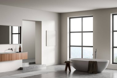 İçi havluyla dolu beyaz banyo, gri beton zeminde ayak havlusu, büyük aynalı lavabo, kırsal pencereli panoramik pencere. 3B görüntüleme