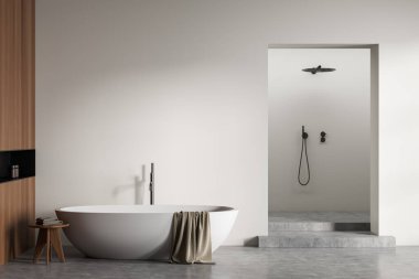 White bathing room interior with tub and table with towels. Douche and concrete podium, grey concrete floor, front view. Copy space empty blank wall, 3D rendering