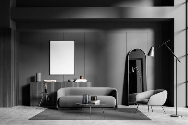 Kanepe, koltuk, halı, sehpa ve dekorasyonlu çekmece, gri beton zemin. Gri duvardaki boş tuval, 3 boyutlu görüntüleme