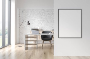 Beyaz arkaplandaki boş tuval. Açık gri duvarı, ahşap zemini, koltuğu ve büfesi olan kişisel masası olan yönetici ofisi. Modern iç tasarım kavramı. Modelleme. 3d oluşturma